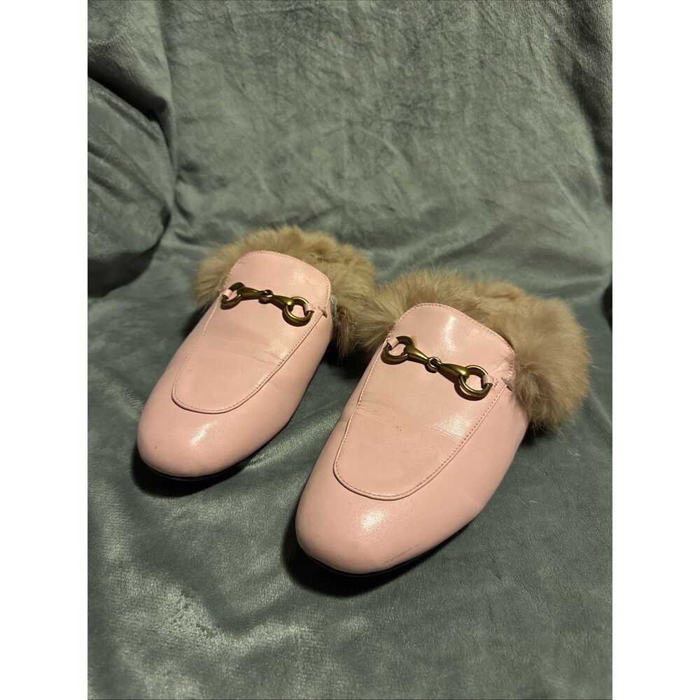 Vero Cuoio Princetown Pink Leather Fur Mule Slippers Horsebit Women's Size 8